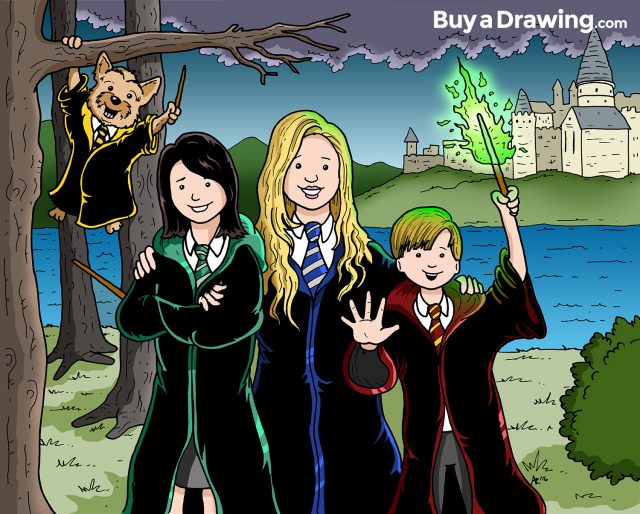 Cartoon Drawing of a Family as Harry Potter Characters