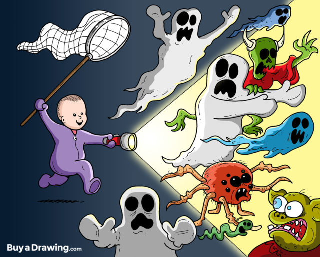 Cartoon Baby Catching Ghosts and Fighting Monsters
