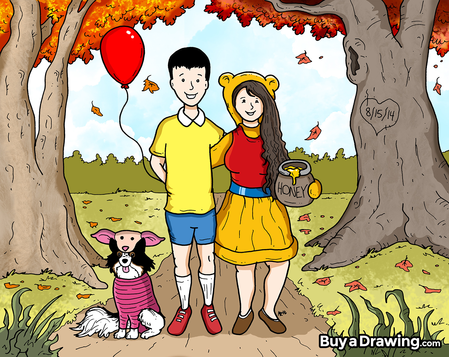 A Couple Drawn as Christopher Robin and Pooh Bear Cartoons