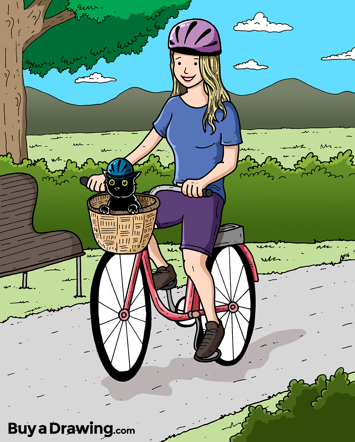 Cartoon Drawing of a Girl and Her Cat on a Bike