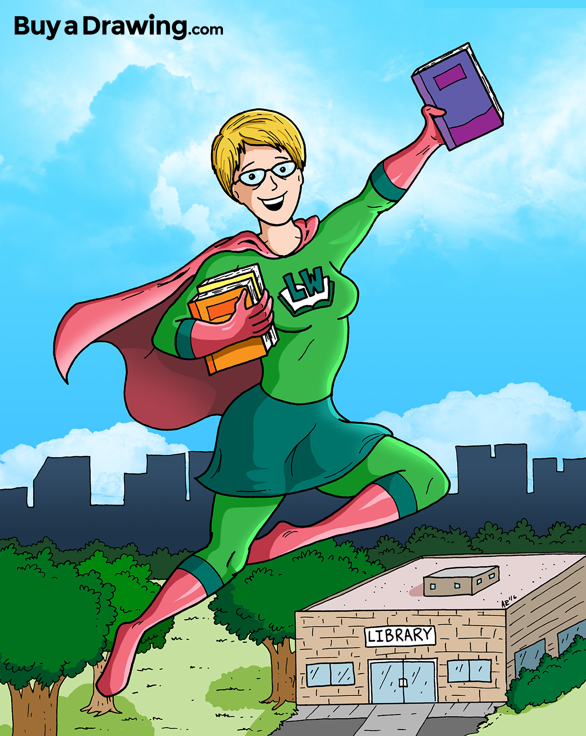 Custom Superhero Cartoon Drawing of Literacy Woman
