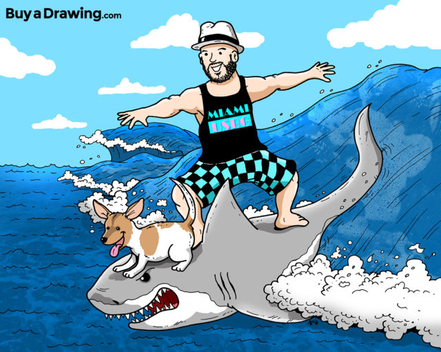 Man Surfing on a Shark with His Pet Dog Cartoon Drawing