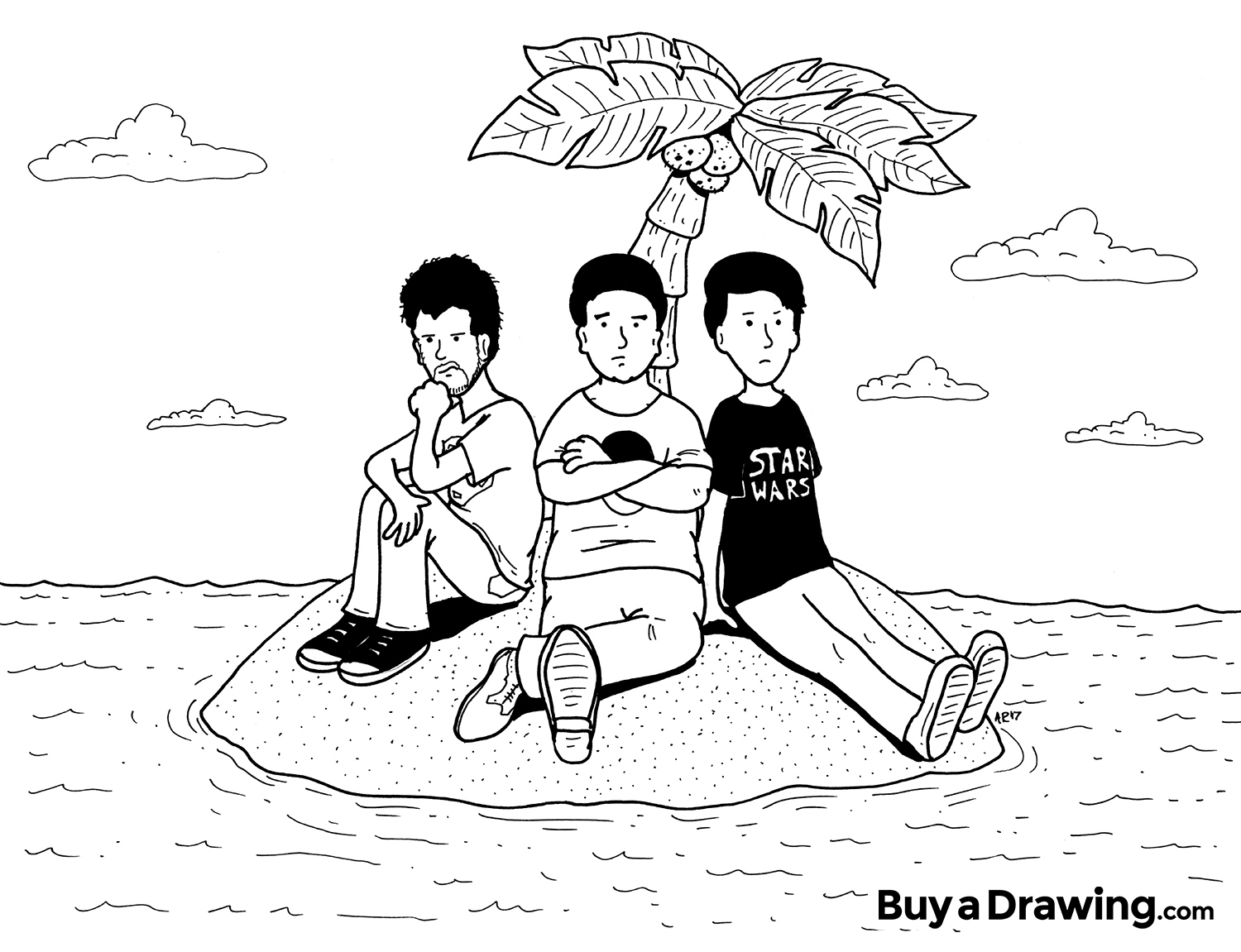 Three Friends Stranded on an Island Cartoon Drawing