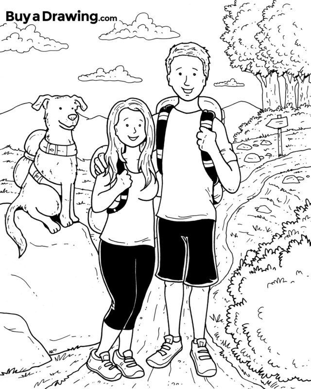 Couple Hiking with Their Dog Custom Cartoon Drawing