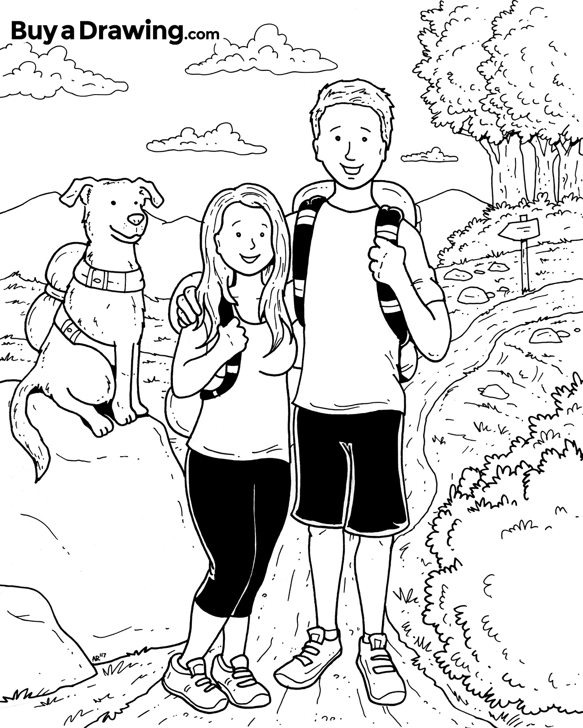 Couple Hiking with Their Dog Custom Cartoon Drawing