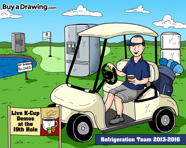 Man in Golf Kart Cartoon Drawing Going Away Present