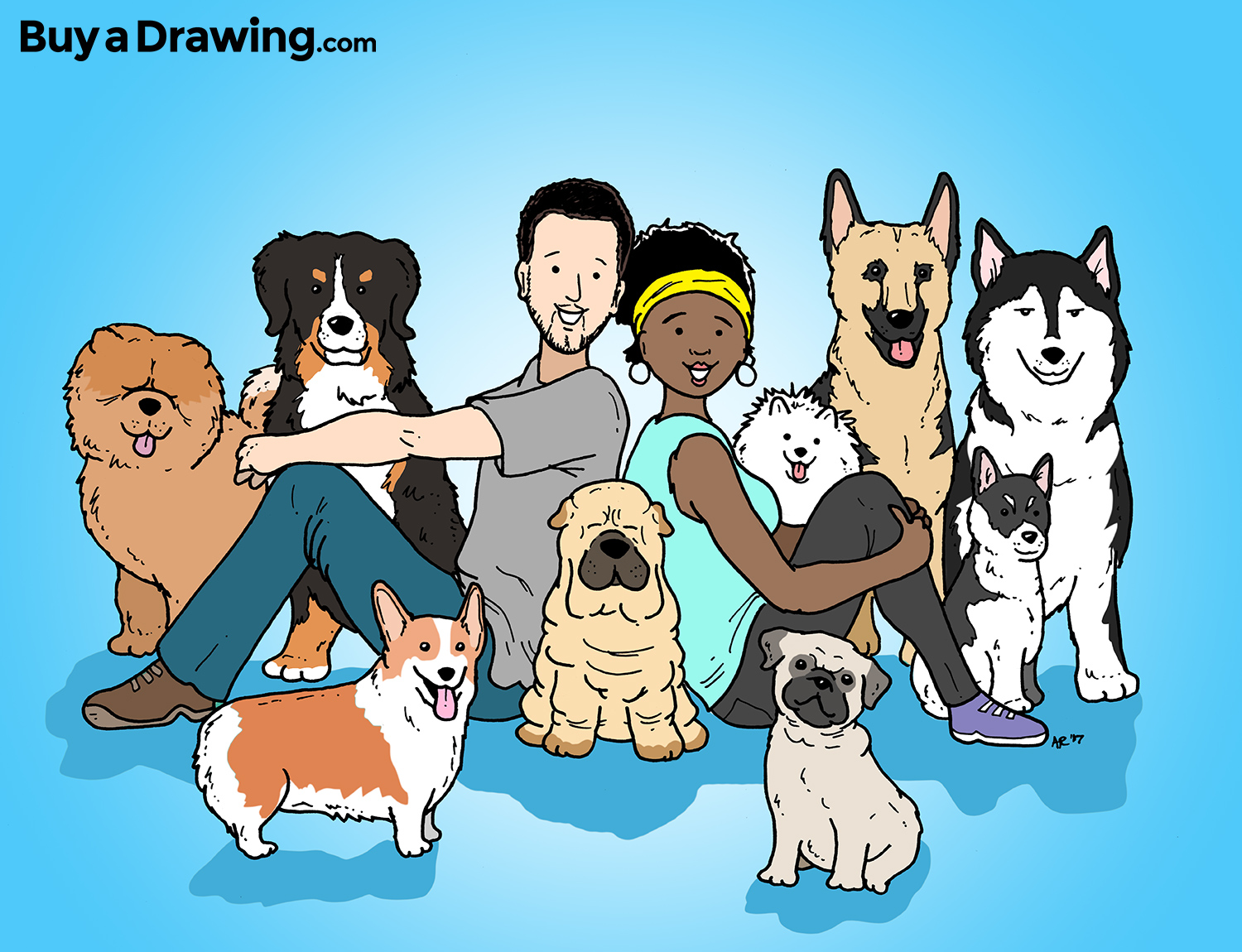 Boyfriend and Girlfriend with a Bunch of Dogs Cartoon Drawing