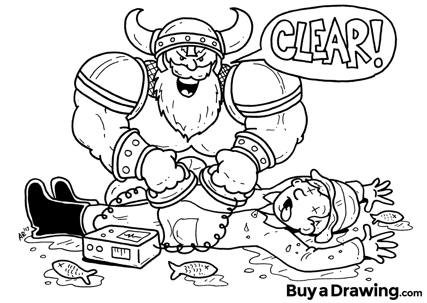 Custom Cartoon Drawing of Tough Viking Giving CPR