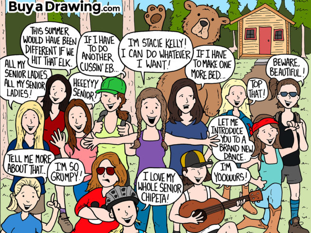 Cartoon Drawing of a Big Group of Friends at Summer Camp