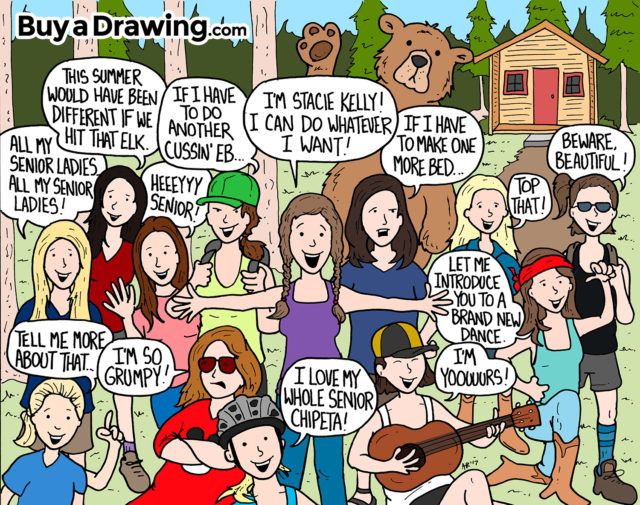 Cartoon Drawing of a Big Group of Friends at Summer Camp