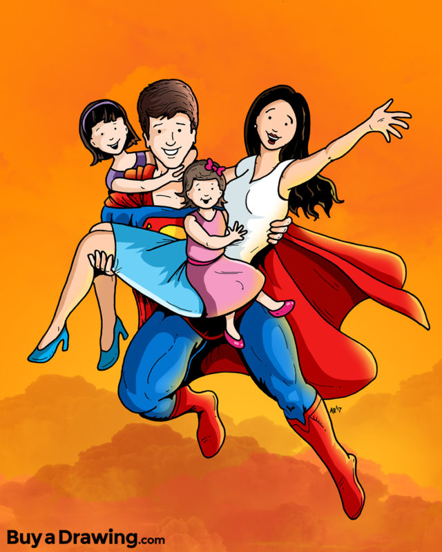 Superman Cartoon Dad and Family Drawing - A Birthday Gift