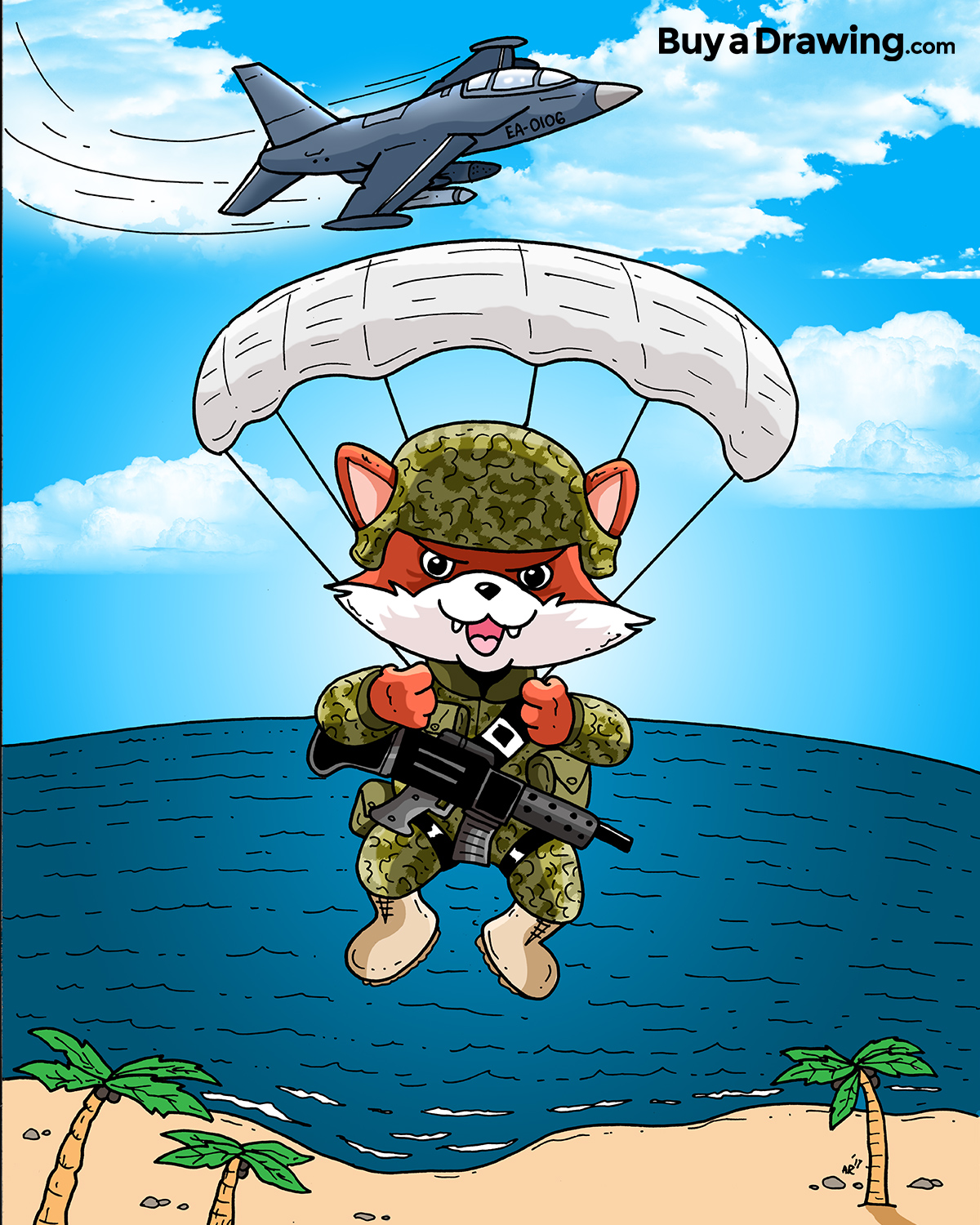 Parachuting Cartoon Fox Military / Army Cartoon Drawing