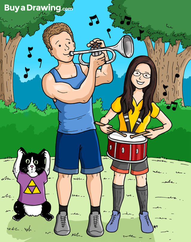 Boyfriend and Girlfriend Playing Instruments Cartoon Drawing