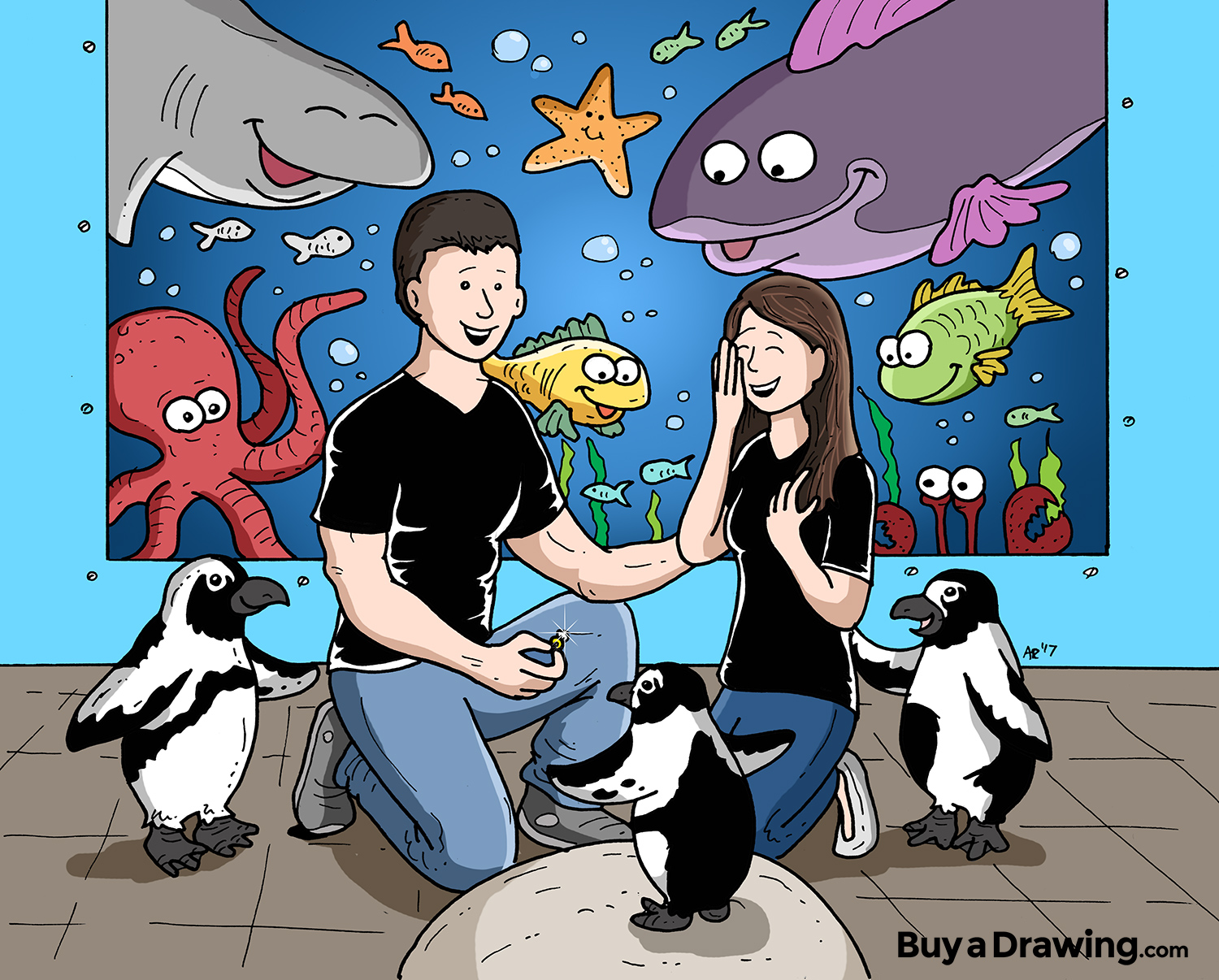 Cartoon Engagement Proposal Drawing at an Aquarium