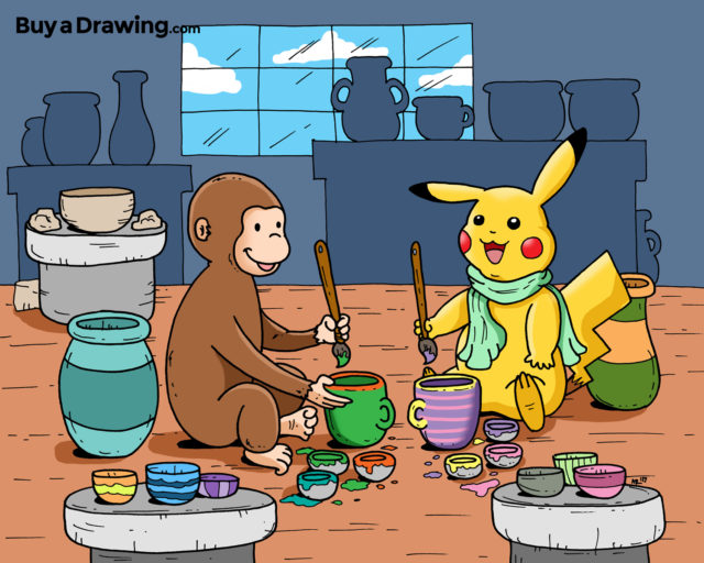 Custom Cartoon Drawing of Pikachu and Curious George