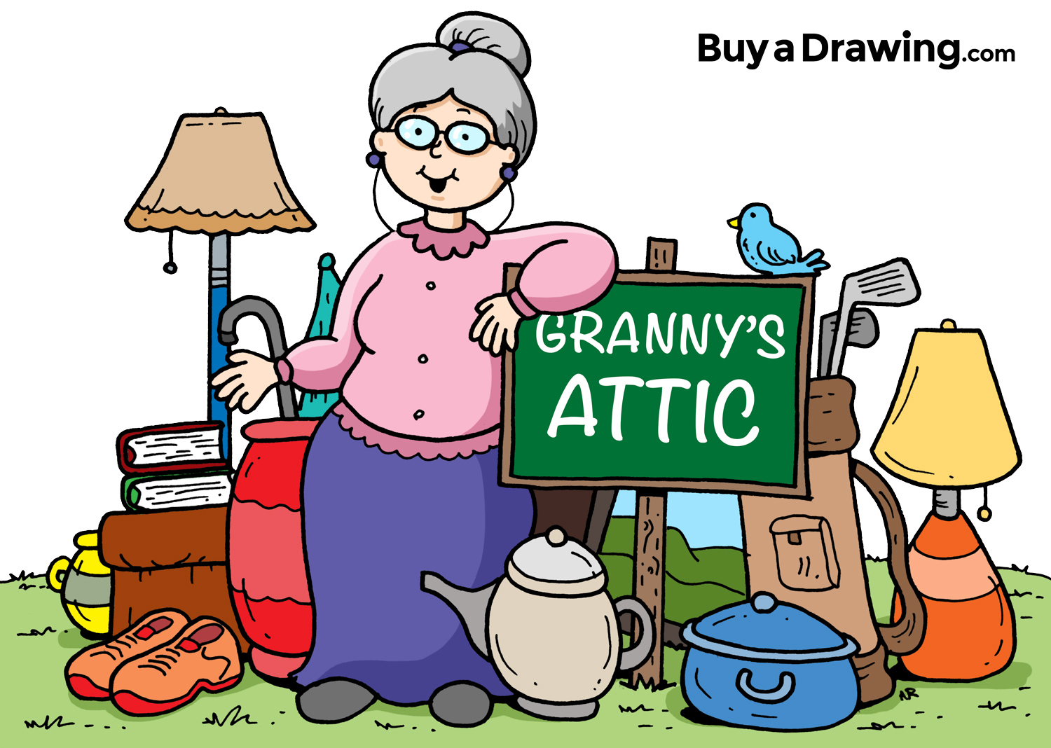 Cartoon Granny Attic and Yard Sale Drawing for Church Flyer.